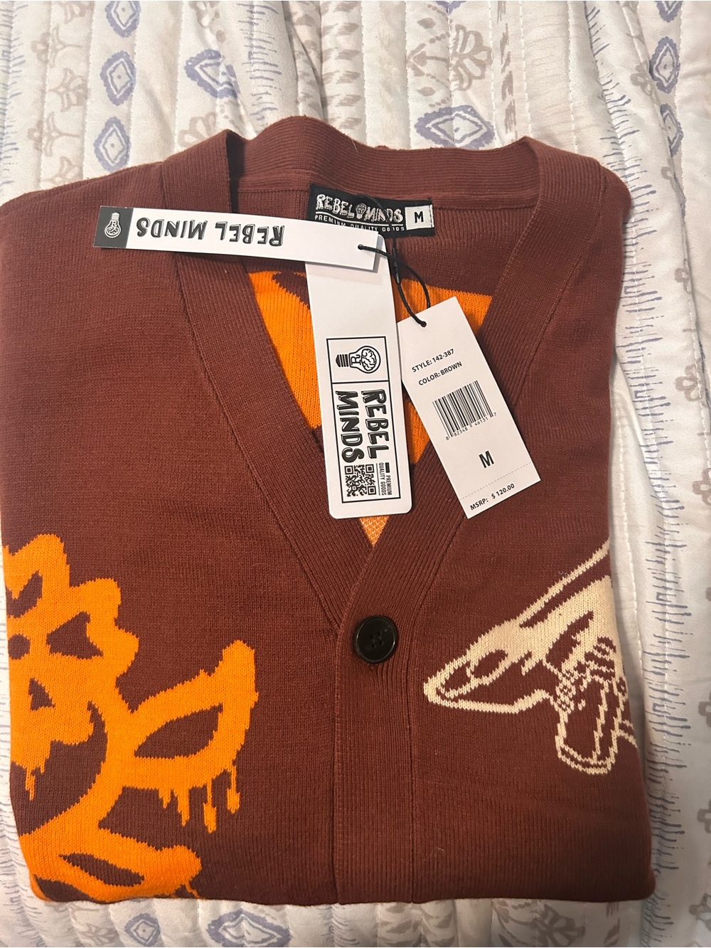 Rebel Minds Brown V-Neck Cardigan with Orange Graphic - M